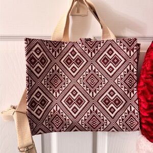 Geometric Patterned Tote Bag - Red and Cream